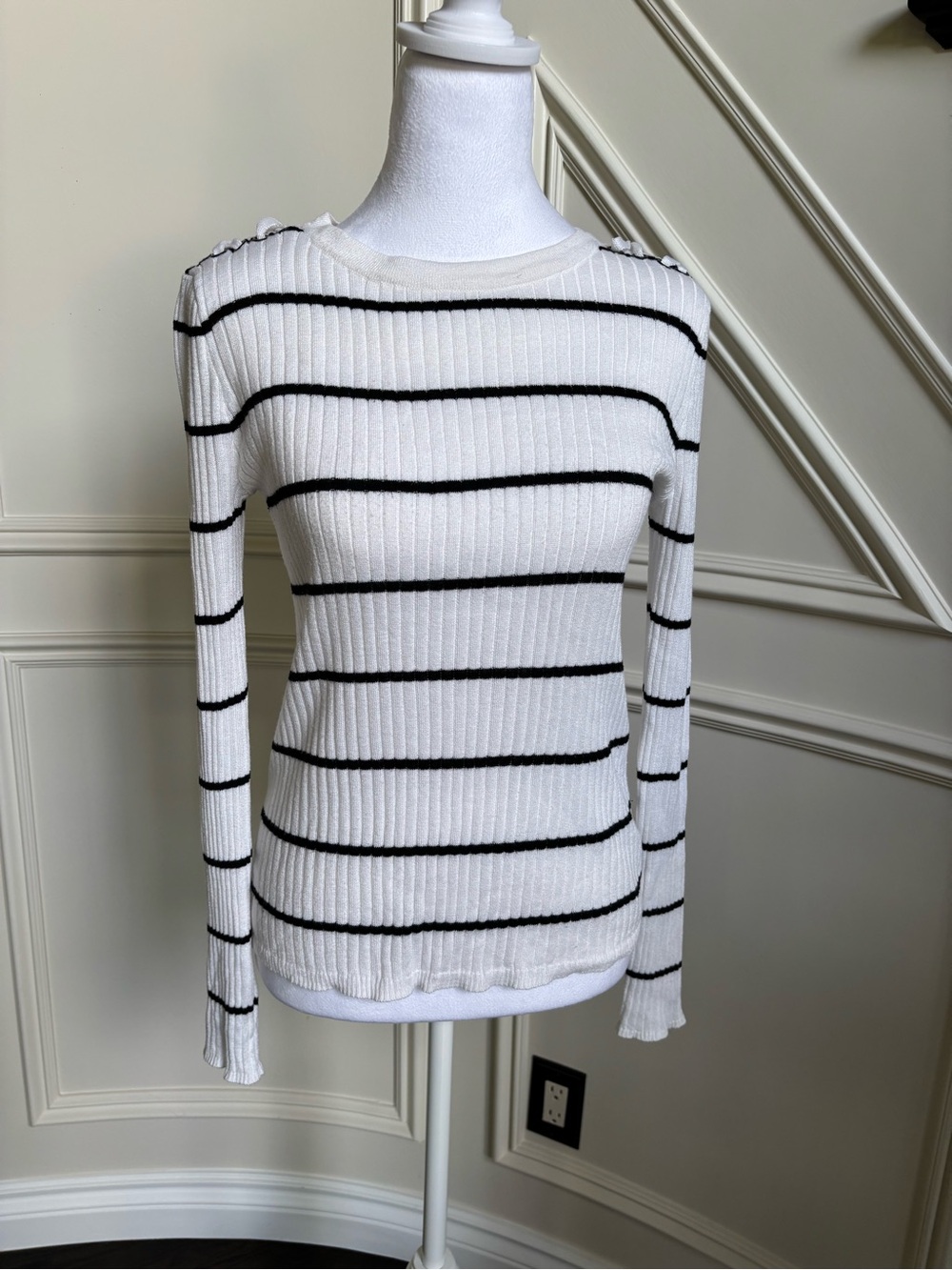 Pink Republic White Ribbed Knit Top with Black Stripe Detail
